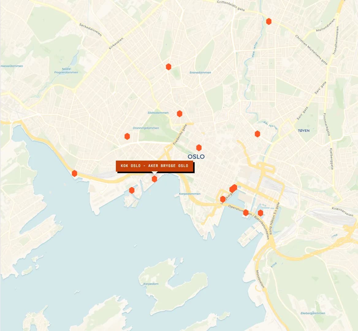 Interaktivt kart over badstuer i Oslo med KOK Oslo Aker Brygge valgt — Badstukart.no